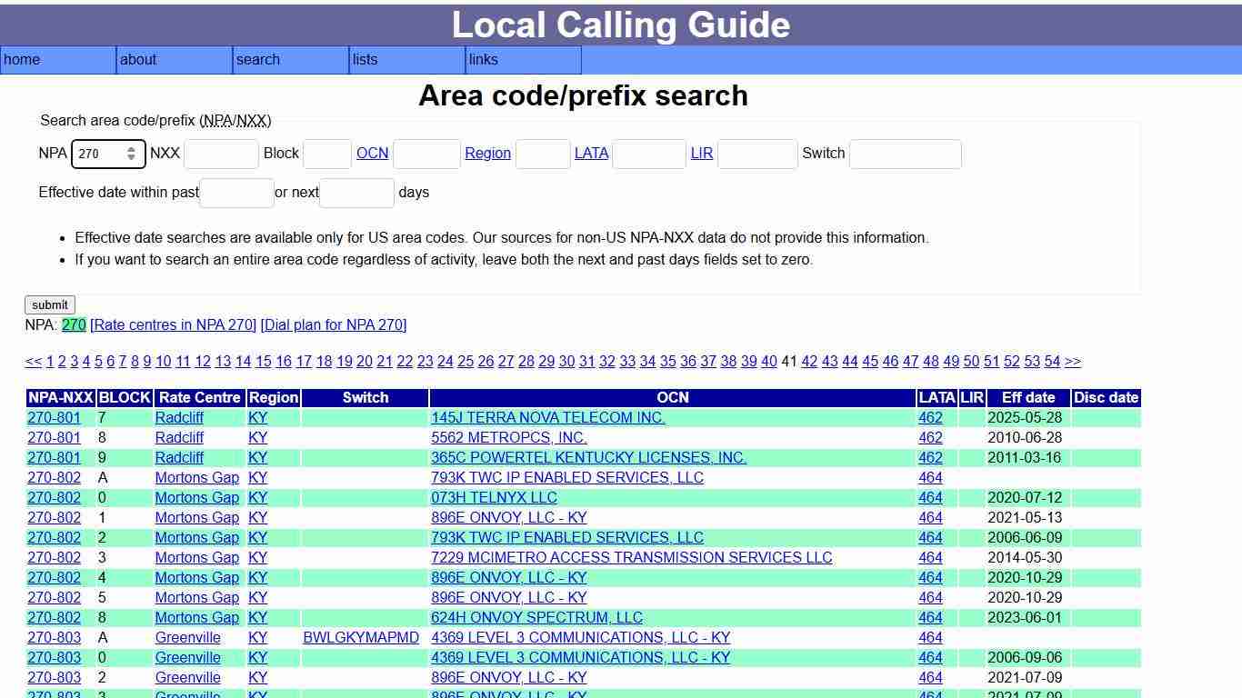 Local calling guide: NPA-NXX search
